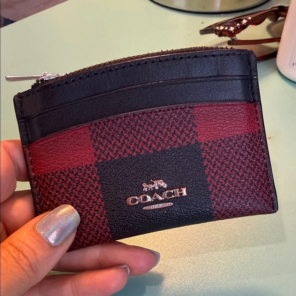 Coach Plaid Card Holder in Black and Red buffalo wallet designer coin clutch
